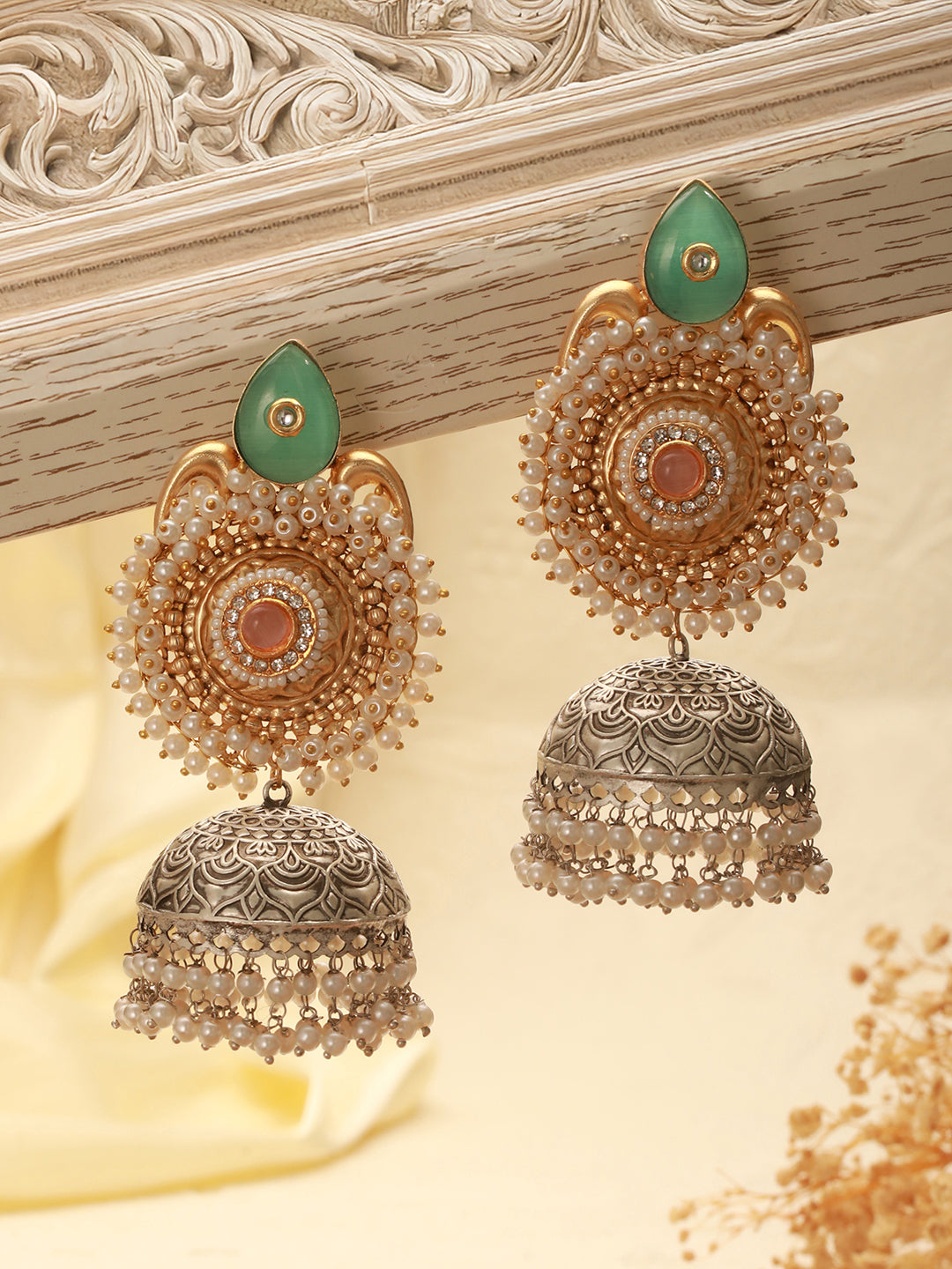 Dual Toned Gold & Oxidised Pearl Beaded Designer Lightweight Large Jhumka Earrings